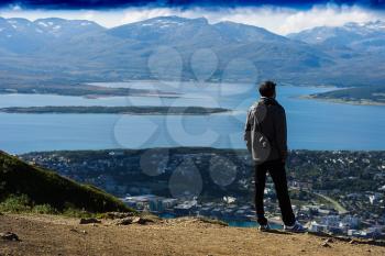 Man watching on Norway fjord landscape background hd