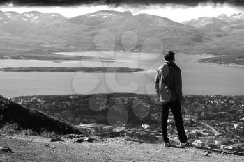 Man watching on Norway fjord landscape background  hd