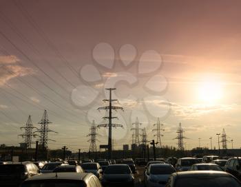 Horizontal sunset city power lines background