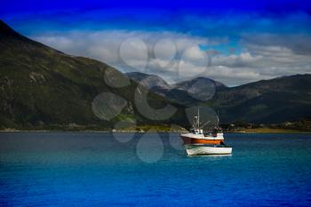Two boats near Norway fjords landscape background hd