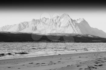 Black and white Norway seashore mountain landscape background hd