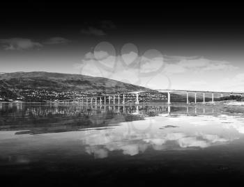 Black and white Norway bridge with reflection landscape background hd