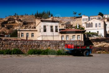 Horizontal vivid trailer on streets of Turkish town background backdrop