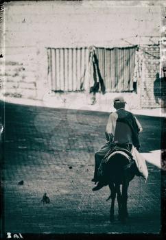 Vertical vintage black and white turkish horse rider postcard background backdrop