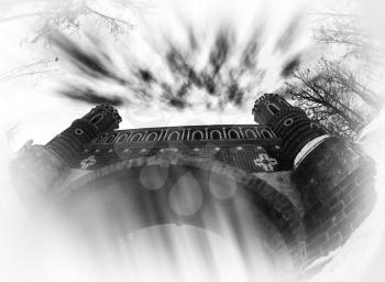 Horizontal black and white dark castle abstract background