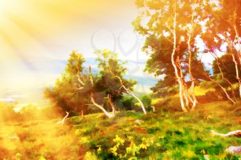 Curved mountain trees illustration background hd