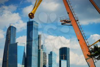 Moscow city business center on the back of old industrial crane background hd