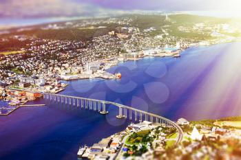 Tromso bridge from high altitude mountain with light leak background hd