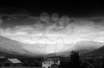 Black and white Norway valley in rain background hd