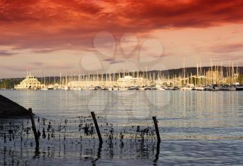 Sunset Oslo yacht club near coast background hd