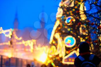 Moscow Christmas tree decoration with tourist bokeh hd
