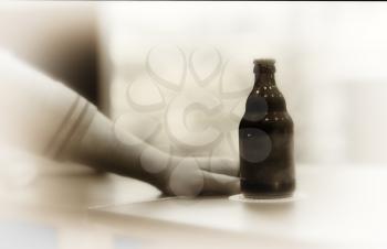 Horizontal blank empty beer bottle with hand background hd