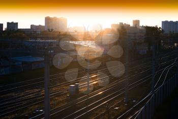 Diagonal sunset railroads with light leak background hd