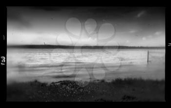 Vintage river ground horizon weird black and white film scan