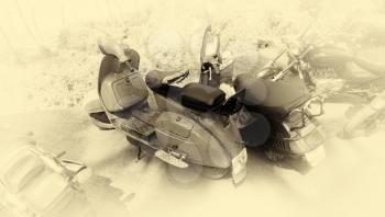 Horizontal vintage sepia indian motor scooter vignette background backdrop