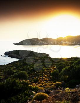 Horizontal vivid Crete island sunset landscape background backdrop