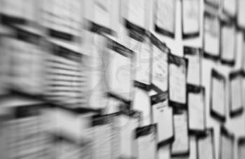 Horizontal black and white sticky notes office brain storm abstraction background backdrop