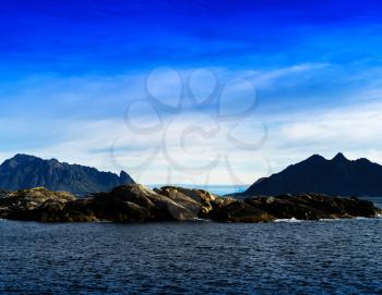 Horizontal vivid Norway fjord mountains inn ocean horizon landscape background