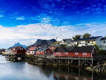 Horizontal vivid Norway town andscape background backdrop