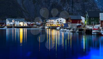 Horizontal vivid evening Norway town light reflections landscape background backdrop