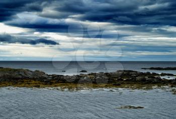Horizontal vivid vibrant dramatic Norway beach ocean landscape background backdrop