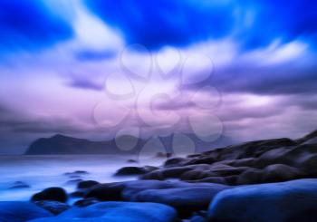 Horizontal vivid vibrant Norway ocean rocky stony beach landscape abstraction background backdrop