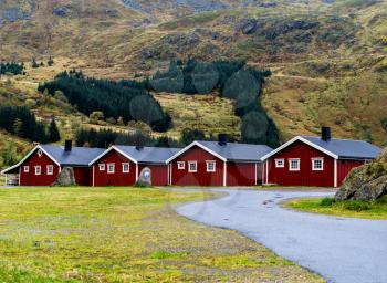 Horizontal vivid Norway campsite cabins nature background backdrop