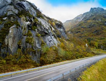 Horizontal vivid mountain Norway road landscape background backdrop