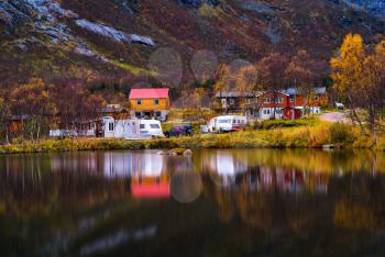 Horzontal vivid autumn Norway camping reflection background backdrop