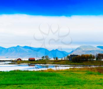 Horizontal vivid Norwat fjord hills landscape background backdrop