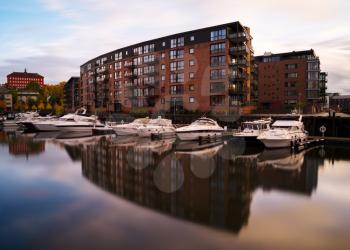 Horizontal vivid Norway yachts in city reflection background backdrop
