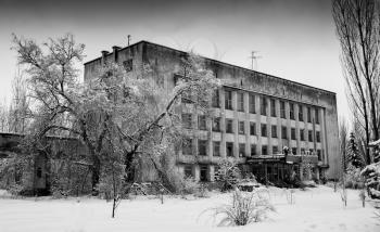 Horizontal black and white winter abandoned building background backdrop