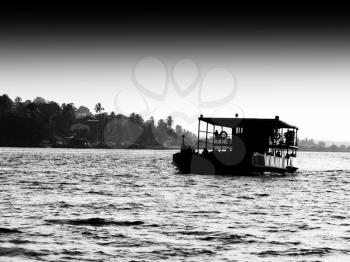 Horizontal black and white indian ferry landscape silhouette backdrop