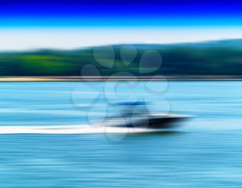 Horizontal vivid speed boat on river abstraction background backdrop