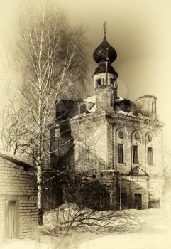 Vertical sepia vintage Russian orthodox abandoned church background 