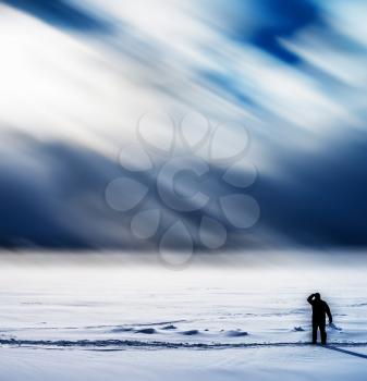 Square man meeting dramatic snow storm background backdrop