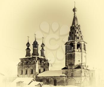 Horizontal vintage Russian orthodox church postcard background backdrop