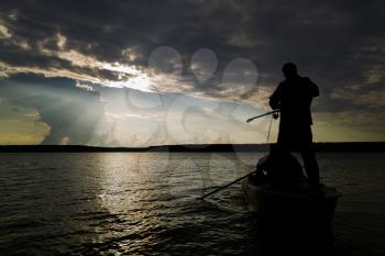 Horizontal vivid evening boat fishing fisherman back sunset landscape background backdrop