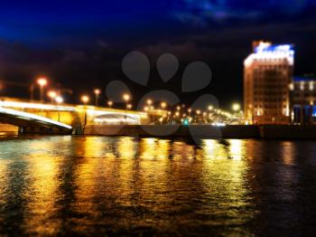 Night Moscow bridge with dramatic lightning background
