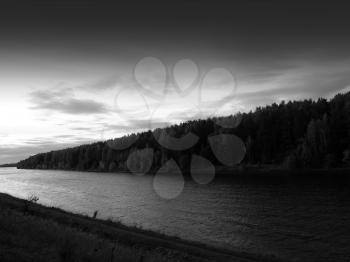 Horizontal black and white forest on river landscape background