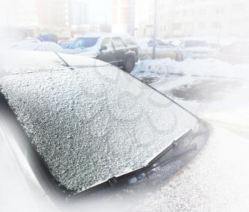 Front car glass covered with frozen snow background hd