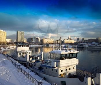 Transportation ship on Moscow river background hd