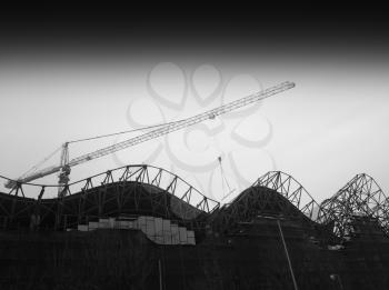 Diagonal black and white construction crane city background hd