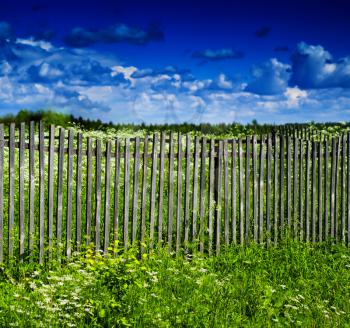 Square vivid summer village fence horizon cloudscape background backdrop