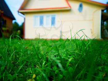 Country side house on green summer grass bokeh background