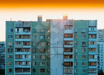 Moscow suburbs durung sunset: USSR buildings