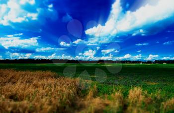 Dramatic light rays over summer field landscape backdrop hd