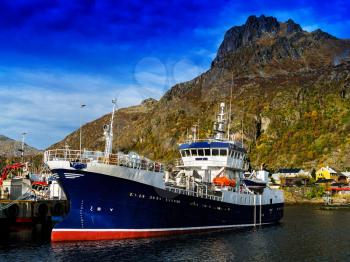 Horizontal vivid Norway ship fjord mountain landscape background backdrop