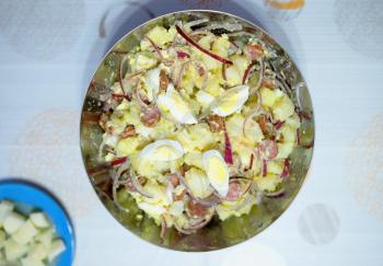 German salad from sausages and potato backdrop hd