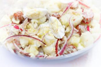German salad from sausages and potato backdrop hd